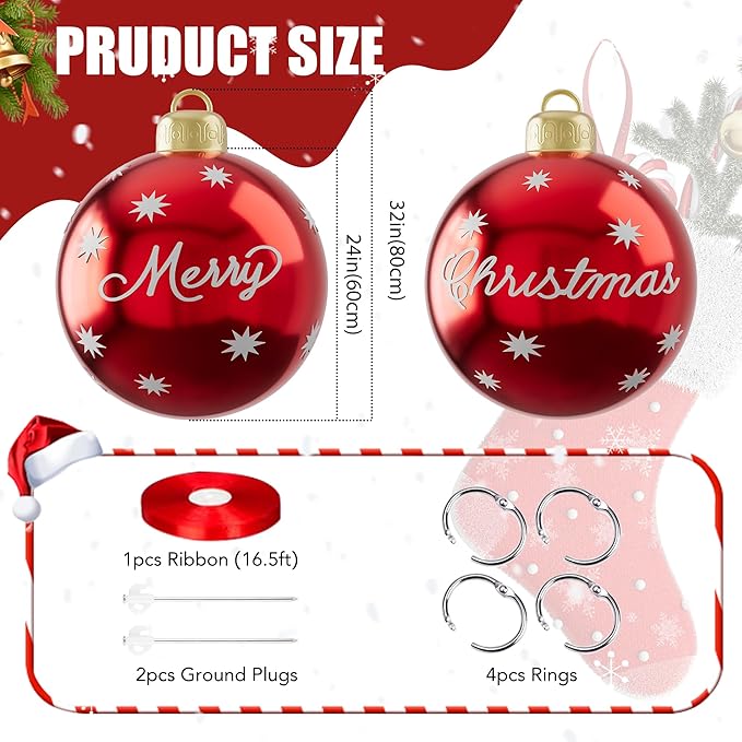 24 Inch Christmas Inflatable Balls, 2 Pcs Outdoor Decorative PVC Ball, Xmas Blow Up Jumbo Ball for Indoor, Giant Ornaments Outside Holiday Yard Lawn Decor (Merry Christmas)