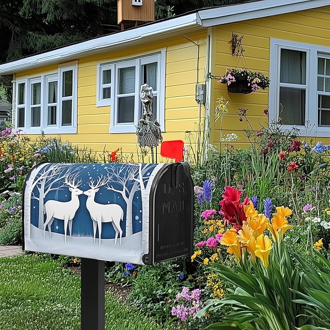 Winter Deer Mailbox Cover Snow Mailbox Covers Magnetic Standard Size 21x18 inch Christmas Post Letter Box Cover Outdoor Decor for Garden