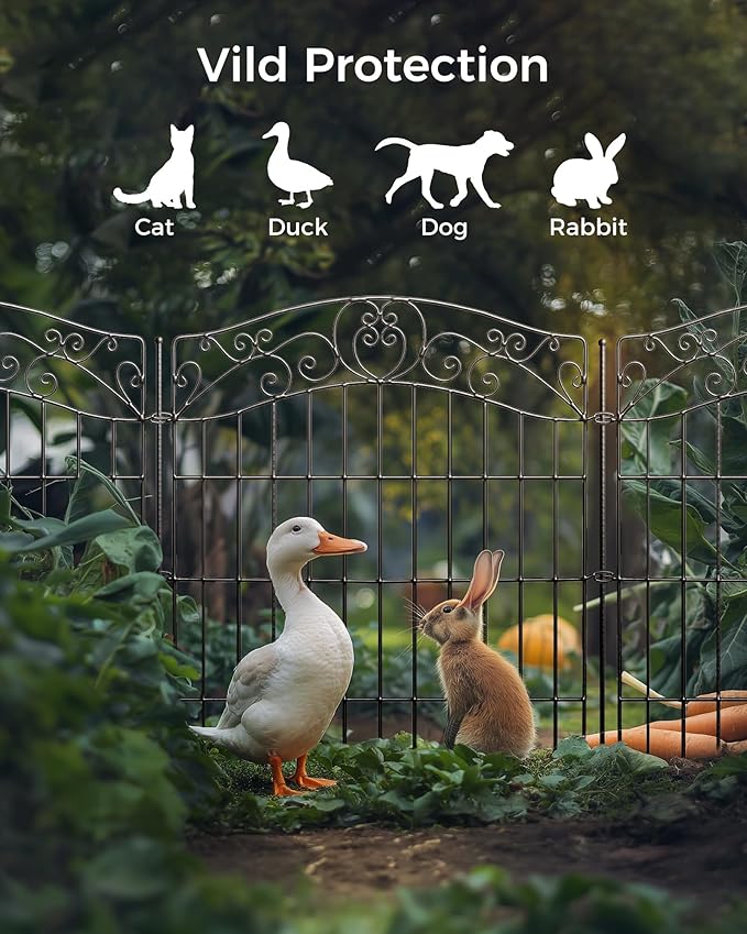 5 Panels No Dig Decorative Outdoor Garden Fence with Gate, 40 in(H) X 11.8 ft(L) Animal Barrier Fencing, Rustproof Portable Fence, Temporary Dog Fence Outdoor for Yard, Outside, Backyard