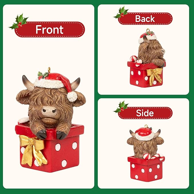 Christmas Highland Cow Figurines Decor, 3 PCS Small Christmas Cows Hidden in Barrel/Bucket/Gift Box, Hanging Ornaments Xmas Resin Statue for Garden Bathroom Kitchen Home Table Decorations