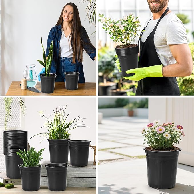 24Pack 2 Gallon Flexible Plant Nursery Pots, Soft Plastic Seedling Pots, Seed Starting Pot Flower Plant Container for Succulents, Cuttings, Transplanting Seedlings - Black