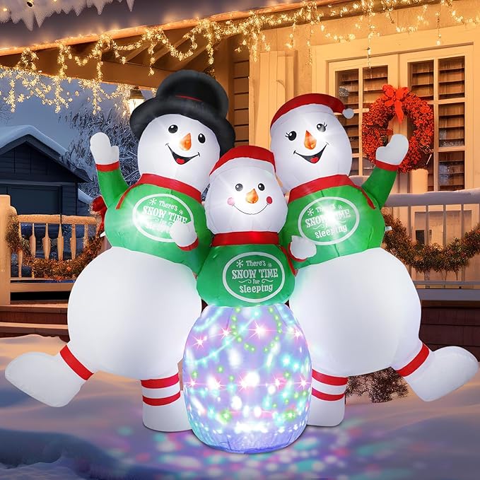 6.5FT Christmas Inflatable Snowman Decorations - Blow Up Christmas Outdoor Snowman Family with Rotating Colorful LED Light & Top Hat, Xmas Inflatable Decor for Yard Lawn Garden Holiday Party