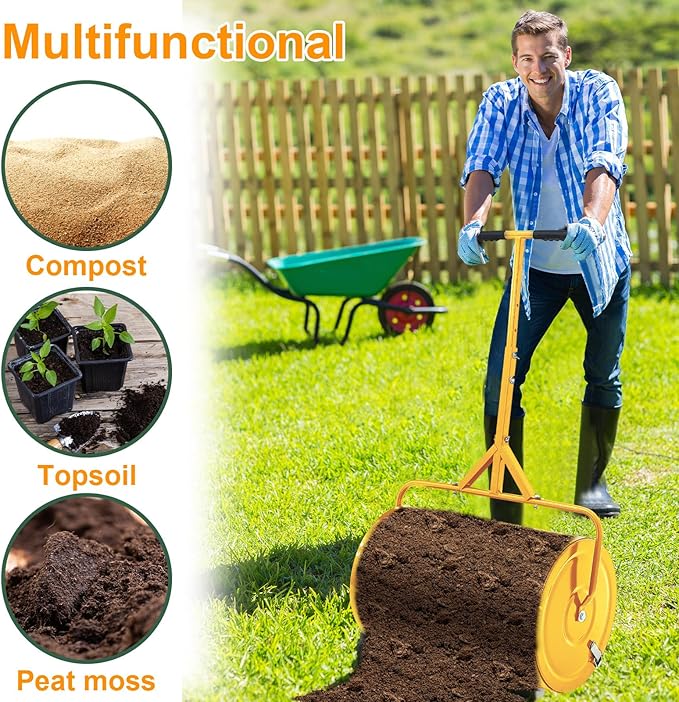 Hiboom 24 Inch Compost Spreader, Peat Moss Spreader, Manure Roller with Adjustable T Shaped Handle, Lightweight Metal Mesh for Lawn Garden Spreading Manure Topsoil (Gold)