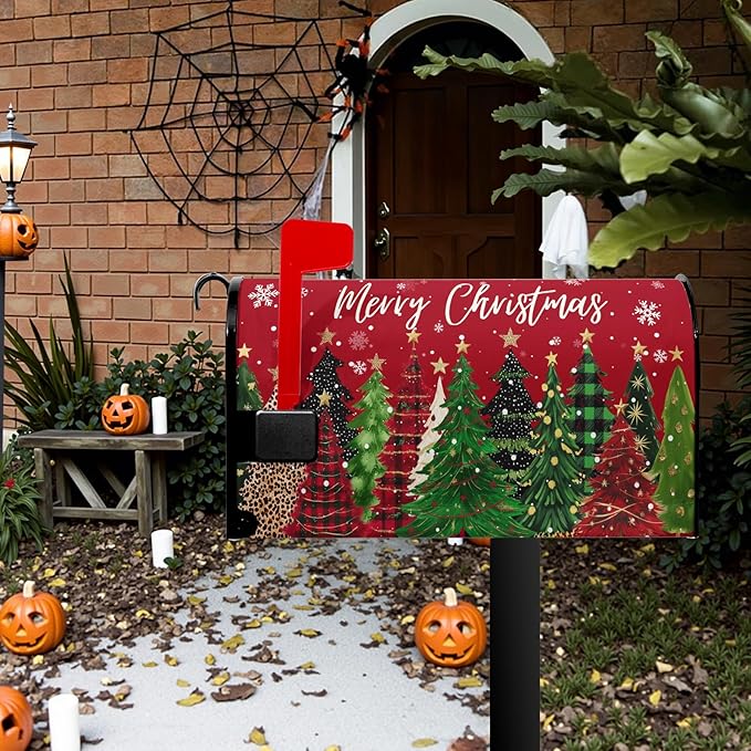 Merry Christmas Large Mailbox Covers Magnetic Oversized Xmas Tree Mail Box Cover Winter Snowflake Mailbox Wraps for Outside Garden Yard 25.5x21 inch Happy New Year Red