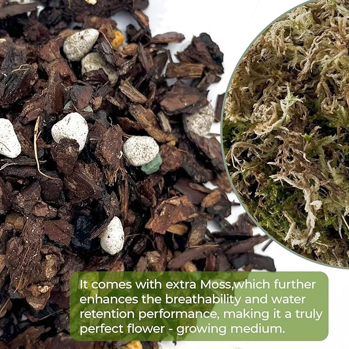 Organic Orchid Potting Mix, Mixture of Perlite, Pine Bark, Volcanic Rock, Coconut Coir, Pine Needle Soil, and 7 Other Components+Orchid Sphagnum Moss (3 QT)