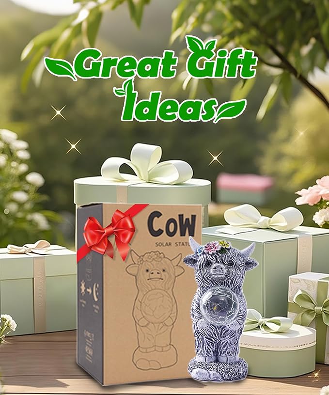 Solar Highland Cow Outdoor Decor:Garden Statue Sculpture Lamp with Ball for Yard Lawn Balcony Patio Porch- Birthday Gifts for Mom Women Grandma(Grey)