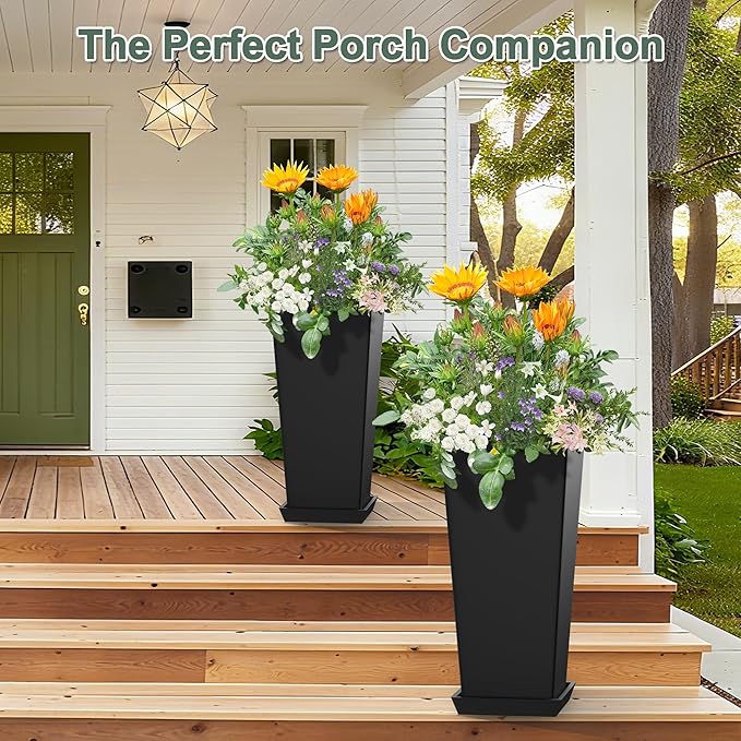 24" Set of 2 Tall Planters, Large Outdoor Flower Pots with Drainage Tray Modern Indoor Tapered Planter for Patio, Garden, Front Porch, Backyard (Black)