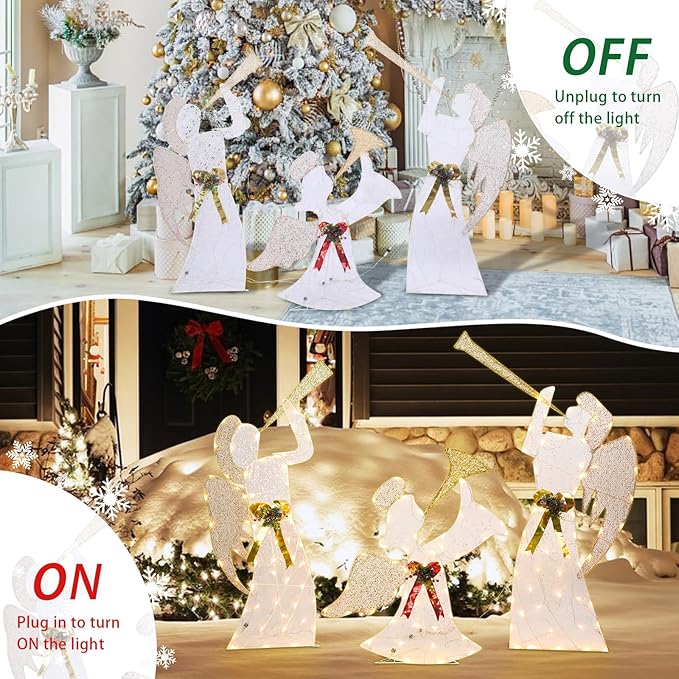 Outdoor Christmas Angel Decoration Christmas Lighted 3 Angels Playing Trumpet with Holly Berries Decoration for Xmas Home Pathway Lawn Party Display