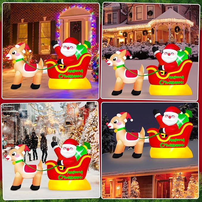 6 FT Long Santa and Reindeer Inflatable Christmas Decorations Outdoor Sleigh, Built-in LED Lights Funny Rein Deer Sled Blow Up Yard Decoration for Winter Vacation Outside Lawn Patio Xmas Indoor Party