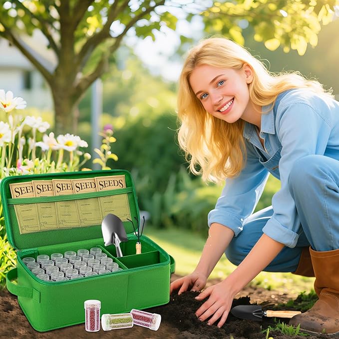 Seed Storage Organizer, 60 Slots Seed Saving Box, Thick Fabric Seed Bin 3 Compartment Seed Packet Container for Vegetable Flower Plants Garden