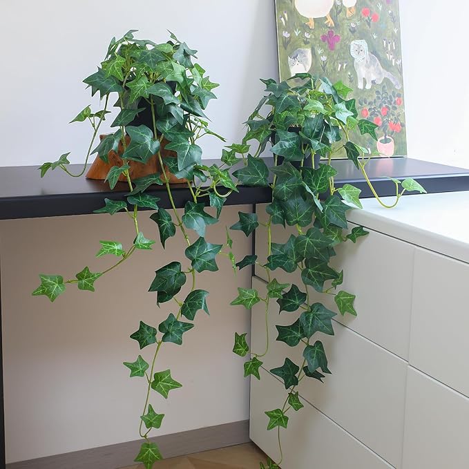 alyptus Fake English Ivy Plants in Pots Set of 2 – Realistic Artificial Ivy Greenery for Home Decor, Tabletop, Office, Shelf, or Bathroom – Lifelike Faux Hanging Vines, No Maintenance Required