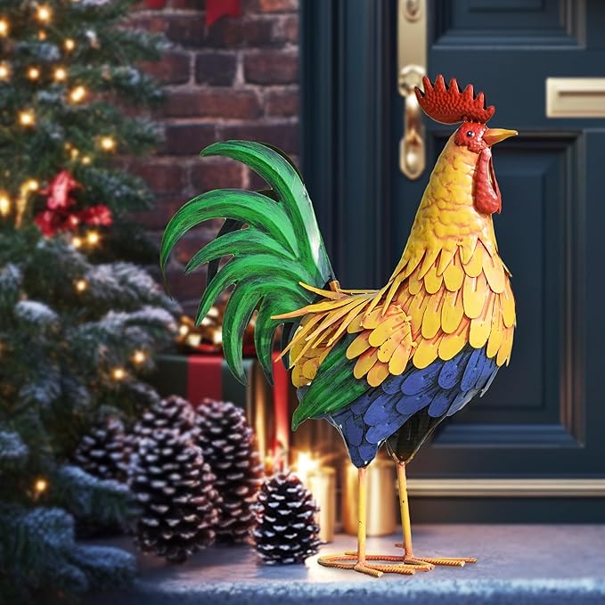 TERESA'S COLLECTIONS Large Metal Rooster Garden Statues Decor, 21 Inch Outdoor Chicken Sculpture Figurines Bird Yard Art for Farm Patio Lawn Kitchen Decorations,Housewarming Gift