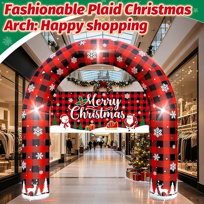 8 FT Giant Inflatable Inflable Merry Christmas Arch Decoration with LED Lights, Blow Up Decor for Outdoor Yard Lawn Sign Backdrop (Buffalo Plaid Porch)
