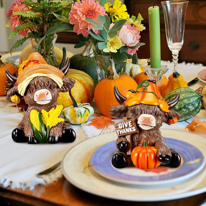 Karenhi 2 Pcs Fall Thanksgiving Day Highland Cow Figurines Harvest Pumpkin Highland Cow Gnomes Scottish Resin Statue Calf Lovers Gifts for Home Garden Kitchen Office Tiered Tray Table Decor