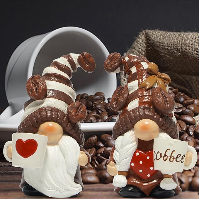 Hodao Resin Coffee Gnomes with Mug Nordic Style Home Bar Decor, Collectible Figurines 4.1inchSwedish Handmade Statue Small Figurine Ornament Gift for Coffee Lovers-a Set of 2