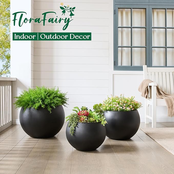 Fiberstone Sphere Planter, Black 15.8" Dia Round Flower Pot with Drainage Hole and Removable Plug, Round Plant Pot for Indoor Outdoor Use, 11.8" Opening-10.9" H, Medium