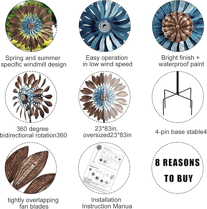 Wind Spinners 360°, Garden Outdoor Metal Windmill Yard Spinners Large 84 in Height 22 in Dia Dual Direction Dual Rotors Wind with Kinetic, Wind Spinner Clearance for Yard and Garden Art Decor(Copper)