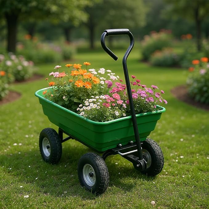 Wheelbarrow Garden Cart, Heavy Duty Home Utility, Four-Wheel Home Garden Yard Utility Wheelbarrow Cart with Built-in Stand,(Green)