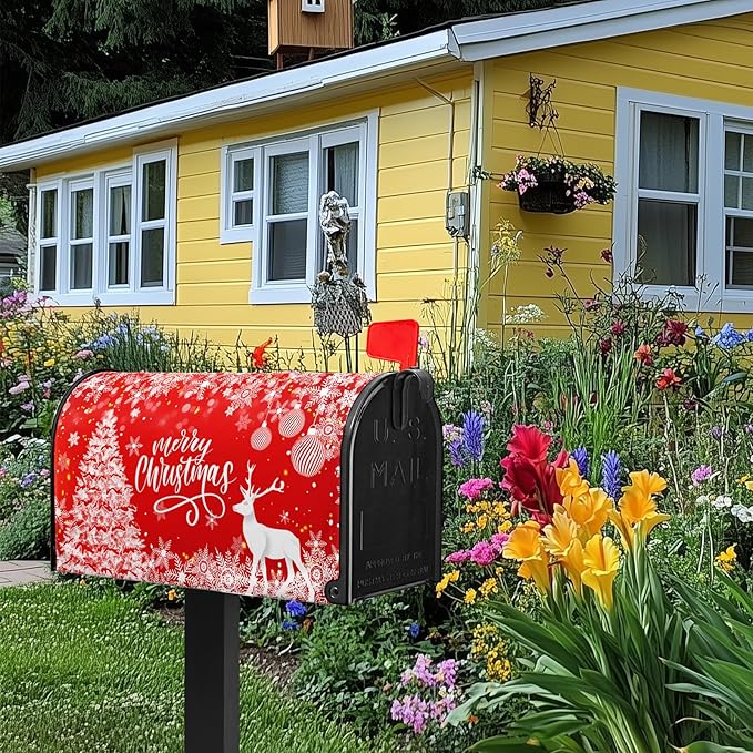 Merry Christmas Mail Box Covers Magnetic Standard Size 21x18 inch Winter Deer Snowflake Mailbox Cover Xmas Tree Mail Box Wrap for Outside Garden Yard Red