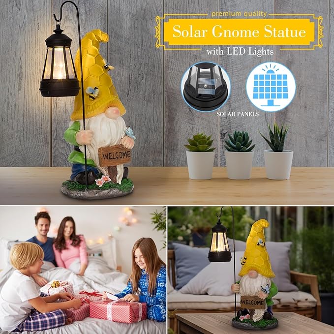 Solar Large Garden Gnomes Outdoor Statues with Lantern Light, Welcome Gnome Garden Outdoor Decor Gift Waterproof Decoration for Patio, Balcony, Yard Ornament Mom Gift