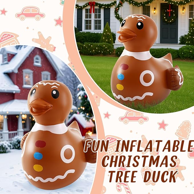 Hungdao 1 Pcs 4 Feet PVC Christmas Giant Inflatable Gingerbread Duck Huge Rubber Large Blow up Duck Christmas Pool Floats for Xmas Holiday Indoor Outdoor Pool Decorations