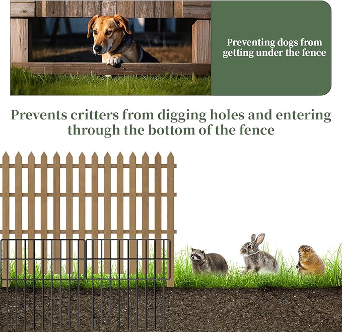 10 Panels Garden Animal Barrier Fence, 10.8ft(L) x 12in(H) No Dig Decorative Fence, 1.2in Spike Spacing Rustproof Metal Garden Fence Border for Dogs Rabbits, Bottom Blocker for Outdoor Yard Patio