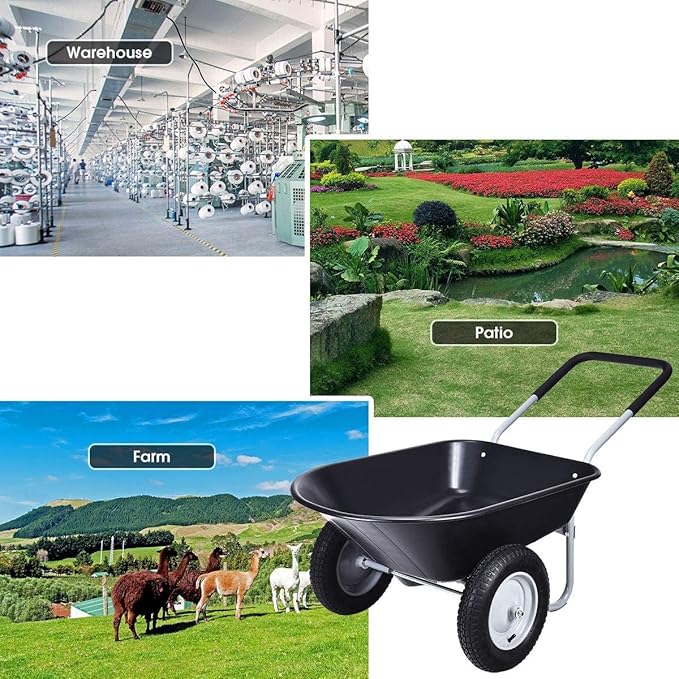 S AFSTAR 2 Wheels Wheelbarrow, Heavy Duty Garden Cart w/Two 13-inch Pneumatic Tires, 330 lbs Capacity, Utility Cart for Outdoor Lawn Yard Farm Ranch (Black)