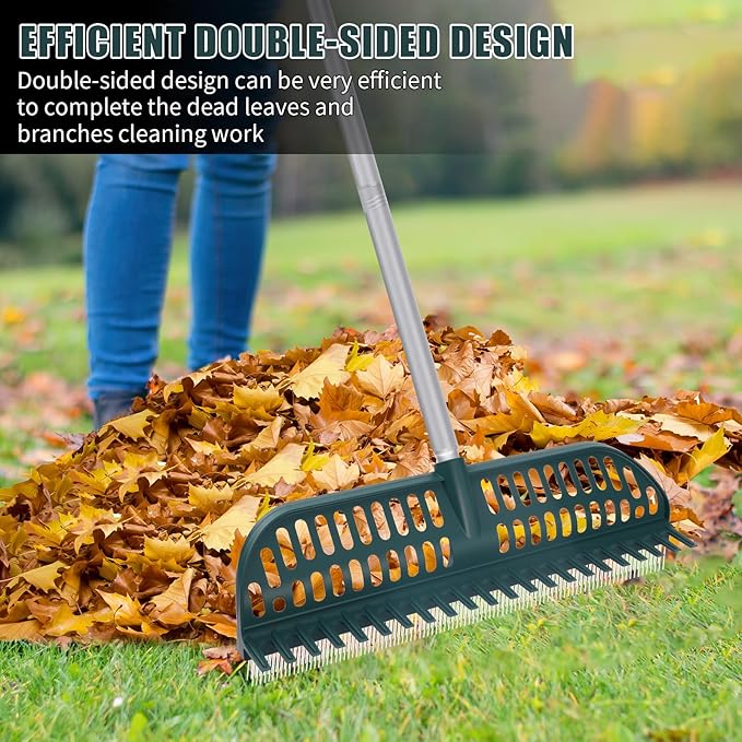 Artificial Turf Rake with 18in Double-Sided Heads, 32-61 Inch Turf Brush Grass Rake for Artificial Grass, Turf Grass Broom for Garden Lawn Artificial Turf Leaves Pet Hairs