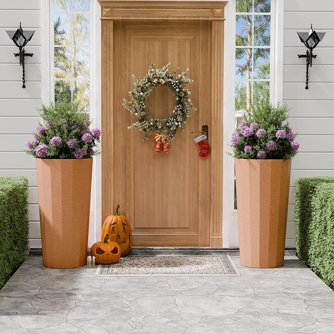 23.6" Tall Planters for Outdoor Plants, Rust Large Outdoor Planters for Porch Decor with Drainage Hole, Wide Stripe Flower Pots Fits Indoor Plants Patio/Garden, Plastic Terracotta (2 Pack)