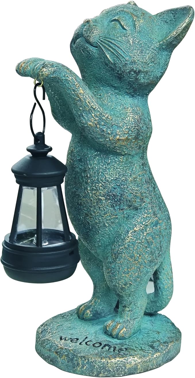 Outdoor Garden Cat Statues Decor - Birthday Gifts for Women Resin Cat Figurines with Solar Lantern for Yard Art Lawn Ornaments Porch Patio Balcony - Gifts for Grandma Mom Wife