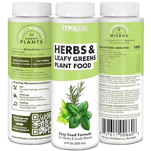 Herb Plant Food for All Edible Herbs, Leafy Greens and Veggies, Liquid Houseplant Fertilizer 8 oz (250mL)