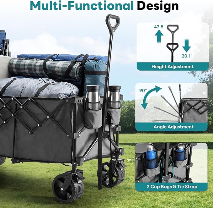 NEWBULIG Collapsible Wagon Cart - 440lbs Foldable Extra Long Heavy Duty Utility Wagon with Wheels, Portable Storage Grocery Cart for Camping, Shopping, Sports, Beach, Garden