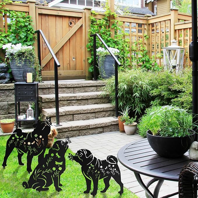 3 Pcs Metal Dog Garden Decor for Outside 12" Puppy Garden Stake Black Silhouette Statues Outdoor Decoration for Animal Lovers Gifts Women Men Patio Lawn Lawn Yard Art(Pug Dog)