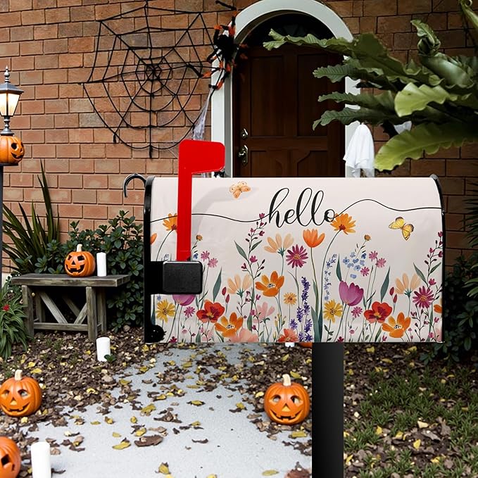 Hello Floral Mailbox Cover Summer Orange Flower Mailbox Covers Magnetic 25.5x21 inch Fall Watercolor Flowers Post Letter Box Cover Home Decor Outdoor Yard Decoration for Garden