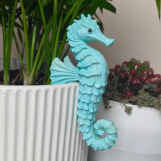 Cute Climbing Seahorse Flower Pot Huggers, Ocean Animal Figurines Plant Decorations for Pots, Resin Flower Pot Decorations, Fairy Garden Accessories, Fish Tank Planter Edge Craft Decor (Seahorse)