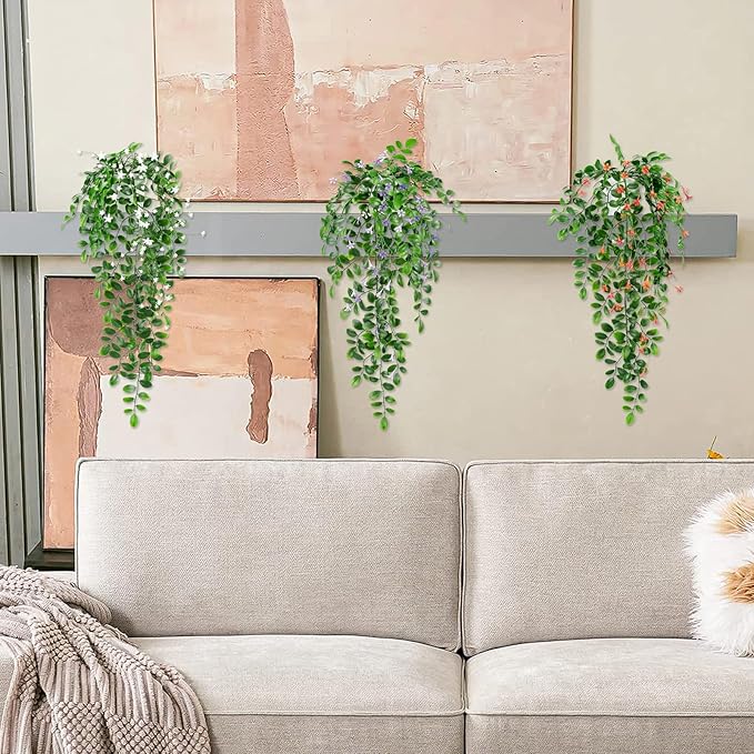 Artificial Hanging Plants, 2Pcs Fake Ivy Vine Artificial Ivy Leaves with White Flowers for Wedding Wall House Room Patio Indoor Outdoor Home Office Decor White