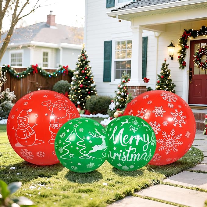 4 PCS 32 Inch, 24 Inch Christmas Inflatable Balloons PVC Large Christmas Inflatable Outdoor Balls for Xmas Garden Lawn Yard Holiday Front Door Decoration