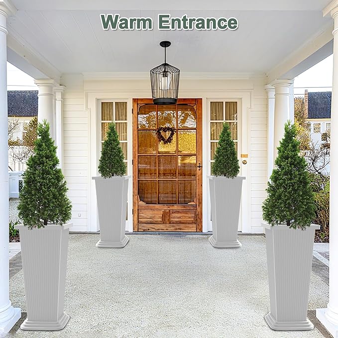 Tall Planters Set of 2, Large Indoor Outdoor Flower Pots with Tray Modern Tapered Planter for Patio, Garden, Porch, Backyard (White Ribbed 24")