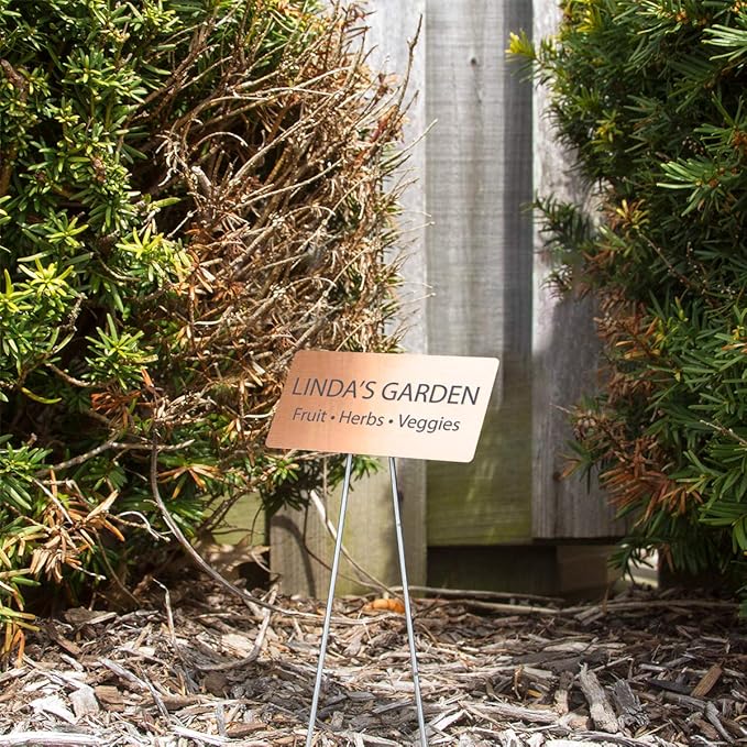Outdoor Metal Garden Sign, Label, or Memorial. 4 x 2" or 6 x 4" sign with rounded corners and a 10" stake. Materials Include: Stainless Steel, Brass, Copper, Bronze and Titanium. (Bronze, 4 x 2")