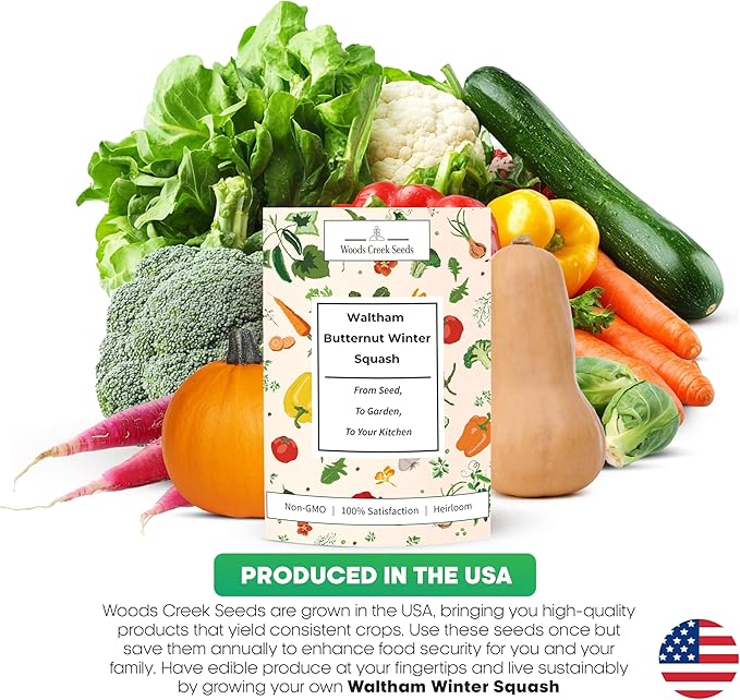 Woods Creek Seeds: Waltham Butternut Winter Squash Seeds for Planting - Over 75 Heirloom Non-GMO Butternut Squash Seeds for Planting Outdoors or Indoors - Beginner Friendly & High Yield Seed