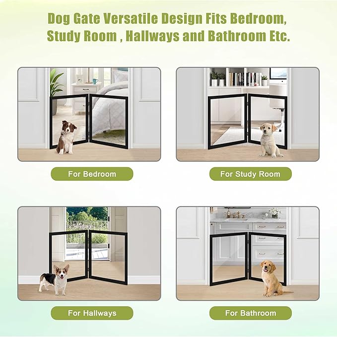 LZRS Clear Dog Gate for Indoor Use - Transparent Pet Fence with Solid Hardwood and Plastic Board, Stylish & Durable freestanding Pet Gate for Doorways, Stairs and Hallways-2 Panel Black