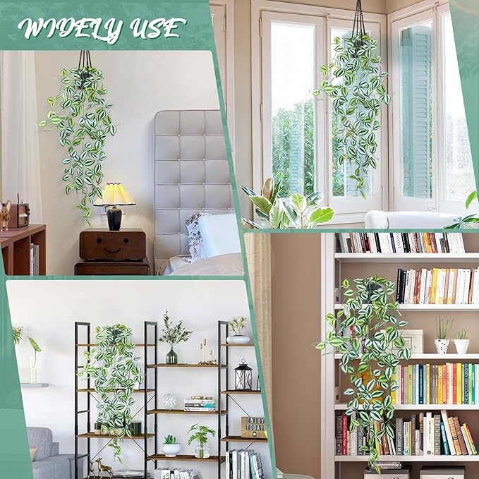 LOYWREE Fake Hanging Plants - Small Potted Plants with Green Eyebrow-Leaf Trailing Vines, Indoor Outdoor Aesthetic Decor for Office, Living Room Shelf & Home Accent (Black Pot)