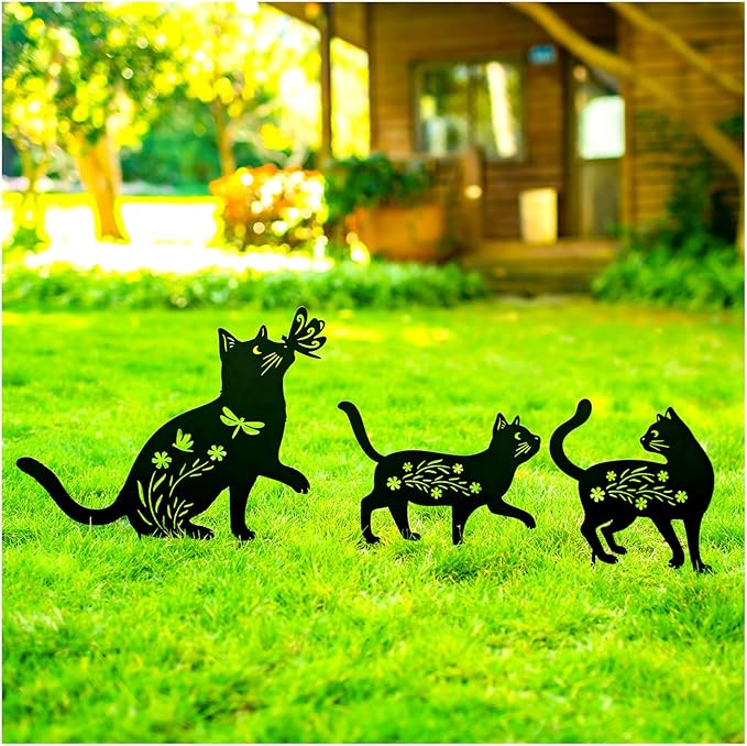 Cat Metal Decorative Garden Stakes Cat Gifts for Women Men Mom Birthday Gifts Silhouette Statues for Garden Decor, Yard Art, Patio, Outside, Lawn Ornaments, Outdoor Decorations