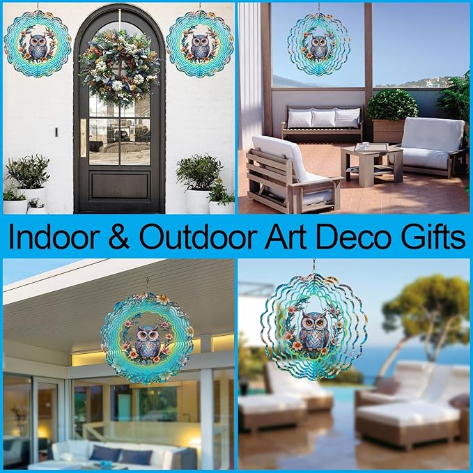 Metal Wind Spinners for Outdoor,Birthday Gifts for Women Mom Grandma, 12 Inch Owl Wind Spinner Bird Devices Deterrent to Scare Birds Away from Yard Patio Farm, Kinetic Sculpture Garden Decor
