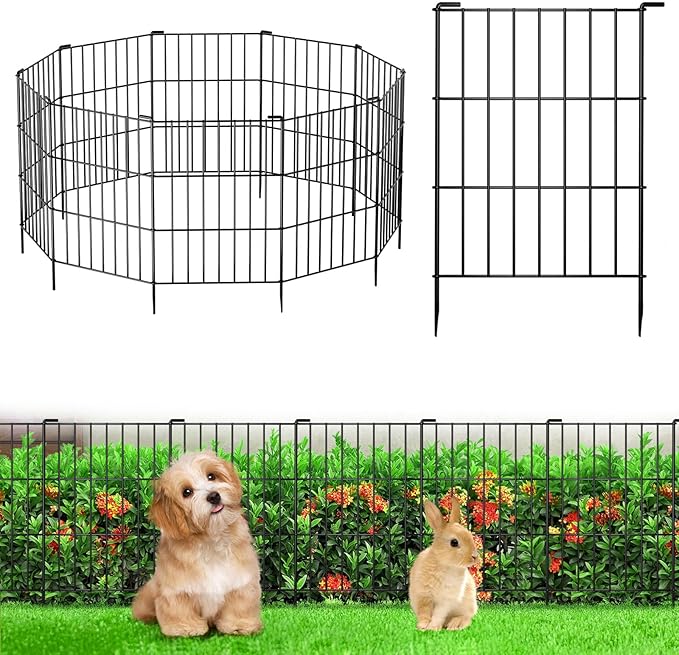 10 Panels Animal Barrier Fence - No Dig Rustproof Metal Garden Fence, 17in H x 10.8ft L, Decorative Outdoor Fence for Rabbits Dogs, Easy Install Fence for Flower Beds and Patios