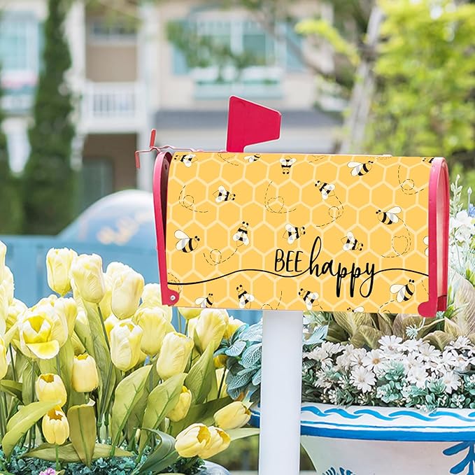 Spring Bee Happy Mailbox Cover Magnetic 21x18 Inch Summer Yellow Honeycomb Decorative Waterproof Mailbox Wrap Farmhouse Letter Post Cover Standard Size for Garden Yard Outside