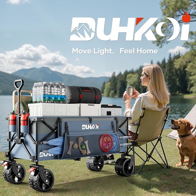 49" L Collapsible Extended Wagon with 500lbs Weight Capacity,300L Heavy Duty Sports Wagon,Big All-Terrian Wheels with Cup Holders,Cart for Sports,Grocery,Shopping(LightBlue)