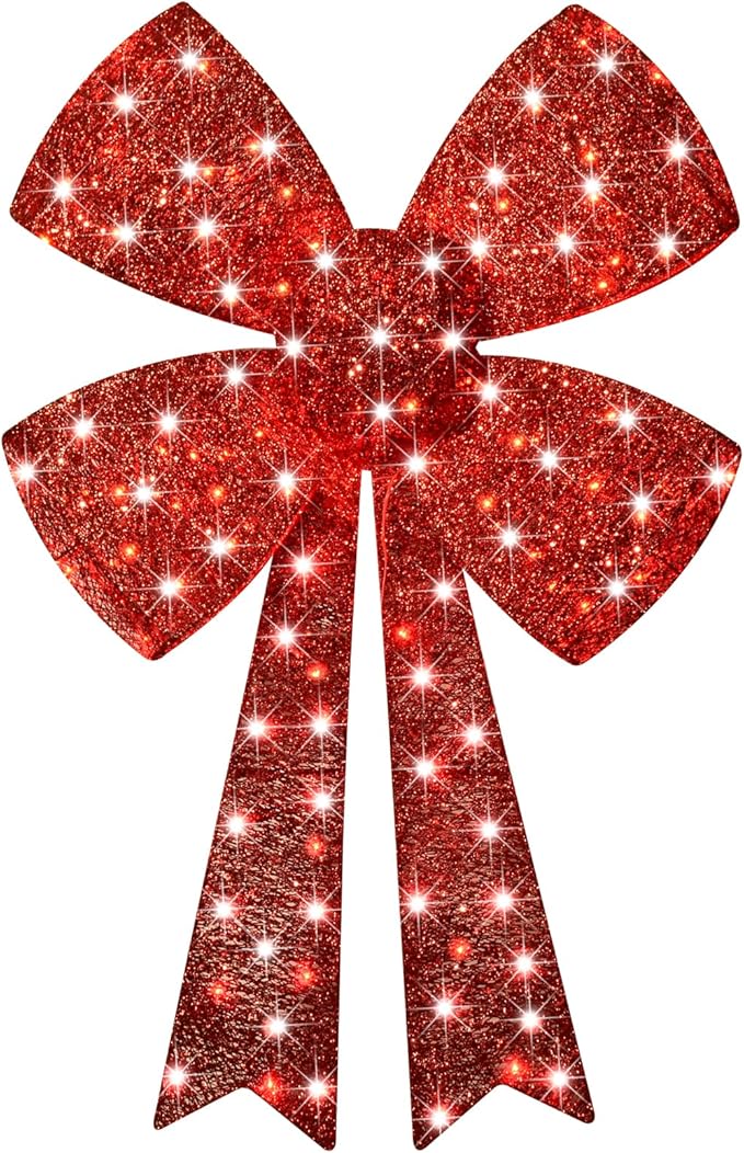 Lighted Giant Christmas Bows Decoration - HOYECHI Lighted Large Outdoor Bows for Wreaths, Outdoor Hanging Christmas Decorations, LED Holiday Yard Décor with 105 Lights - Red