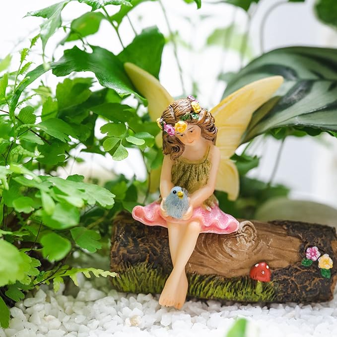 PRETMANNS Fairy Garden Fairies – Cute Accessories for Indoor or Outdoor Miniature Garden - Figurine Vicky on a Decorated Log – 2 Items
