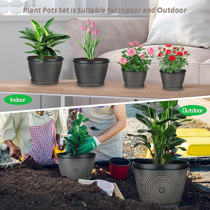 Quarut 4 Pack 8 Inch Flower Pots for Outdoor Indoor, Plastic Plant Pots with Drainage Hole & Saucer, Lightweight Small Flower Pot, Circle Pattern Planters for Garden House planters(Black Copper)